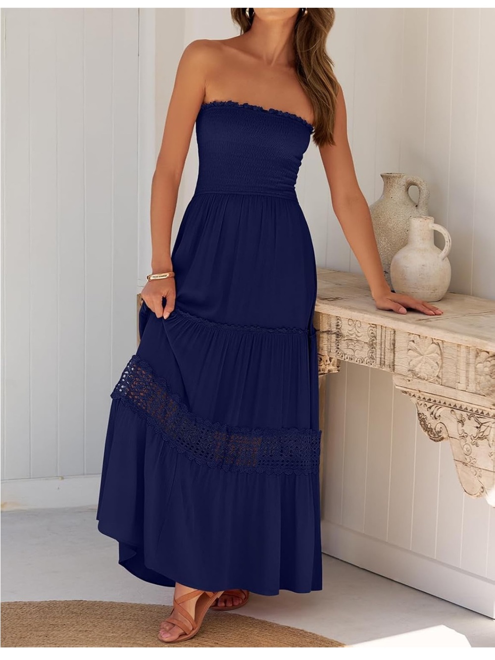 Strapless Navy Maxi Dress with Smocked Bodice and Lace Trim